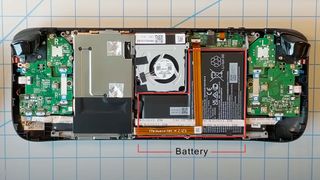 Inside of a Steam Deck with the battery highlighted.