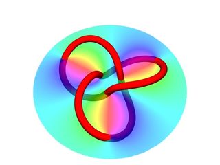 By reflecting a laser beam from a specially designed hologram (shown here as the colored circle), physicists created knots of dark filaments (represented by the colored knot).