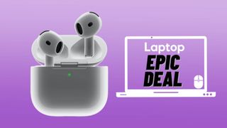 AirPods Pro 4 against purple gradient background with epic deal text