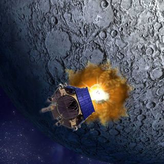 An artist's illustration of NASA's LCROSS mission to crash two probes into the moon and kick up moon dirt on Oct. 9, 2009.