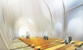 Digital imagery of the building interior featuring an arch shaped with line designs and oak benches