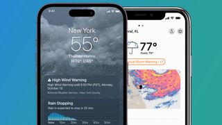 Two iPhones on a blue and green background showing the Weather app and Dark Sky app