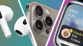 Image showing the AirPods 3, iPhone 15 Pro and Apple Watch 9 on different colored backgrounds