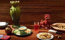 Various food and ornaments on a table