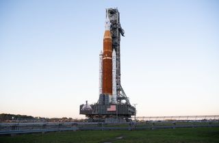 NASA's Space Launch System rocket and Orion capsule on the move toward Launch Pad 39B at Kennedy Space Center in Florida on March 17, 2022.