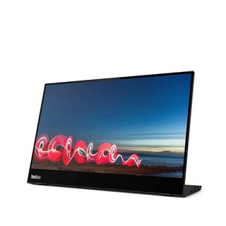 Lenovo ThinkVision M14t showing a beach against a white background.