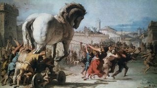 An illustration of the people of Troy bringing in the Trojan horse, which was filled with their Greek enemies, as told in Homer&#039;s &quot;The Iliad.&quot;