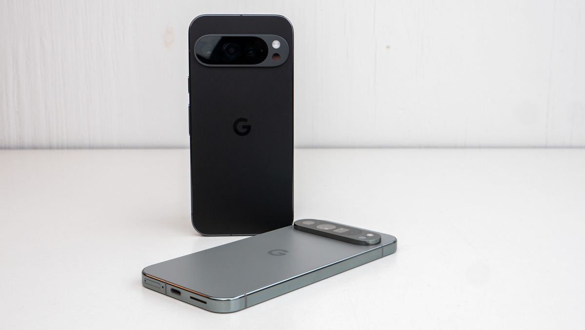 An Obsidian Google Pixel 9 standing up behind a Hazel Google Pixel 9 Pro lying down