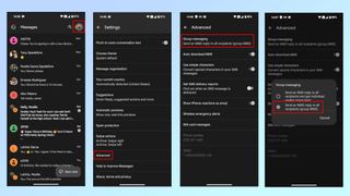 A series of screenshots showing how to switch from using mass text to group MMS in Google Messages