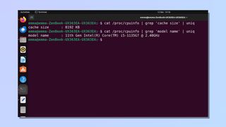 screenshot showing how to find CPU information in linux - search specific info in cpuinfo