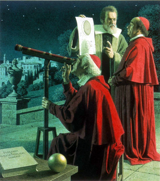 Galileo explaining lunar topography to two cardinals. Painting by Jean Leon Huens.