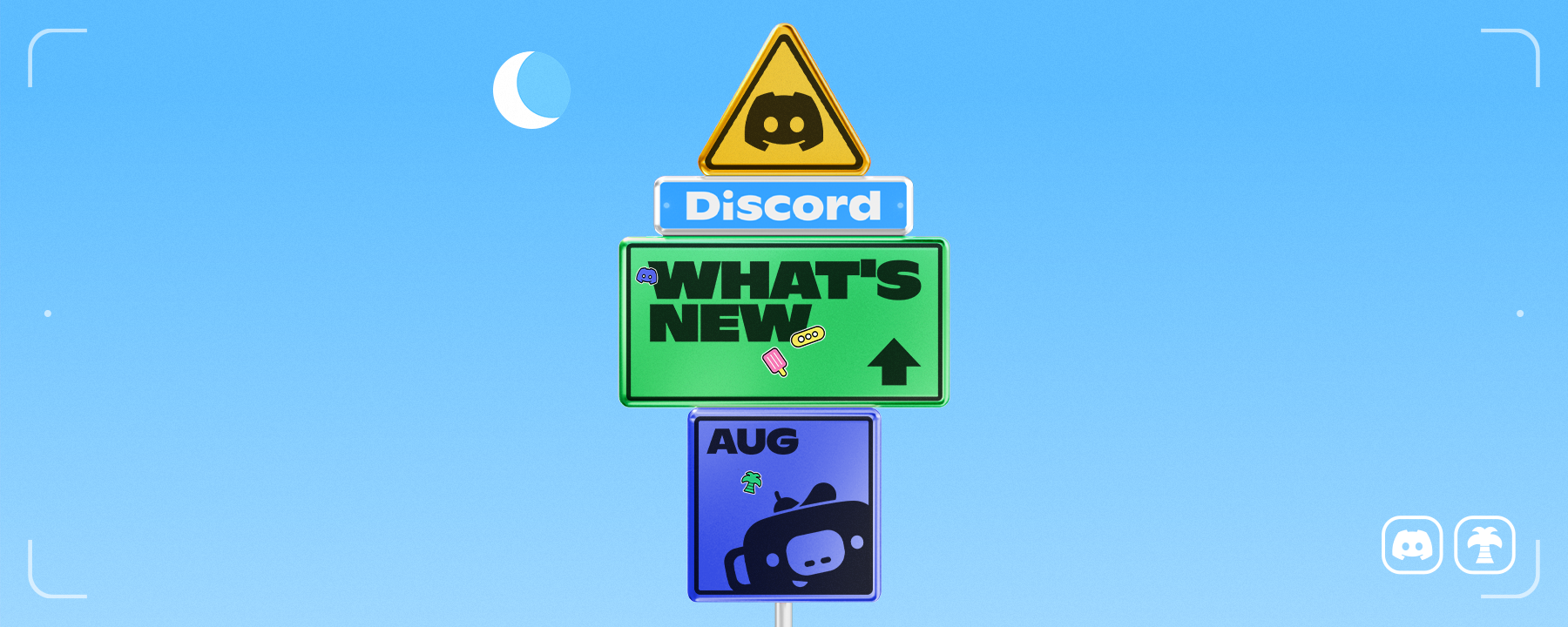 A signpost reading "Discord", "What's New", and "August."