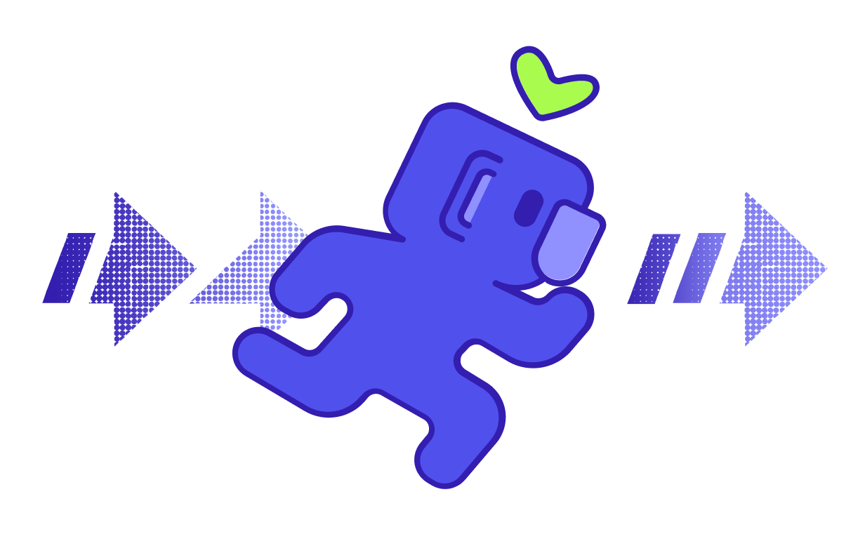 An illutration of Wumpus running fast, representing the speed of the new Mobile experience.