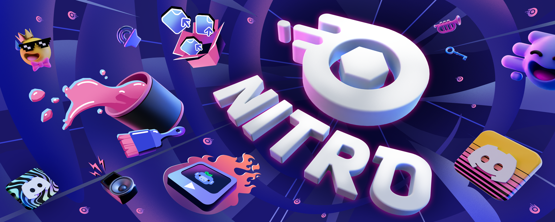 A giant Discord Nitro logo bursting towards the screen. Icons representing various Nitro features can be seen on the sides, including representations of larger file uploads, themes, app icons, and soundboard sounds. 