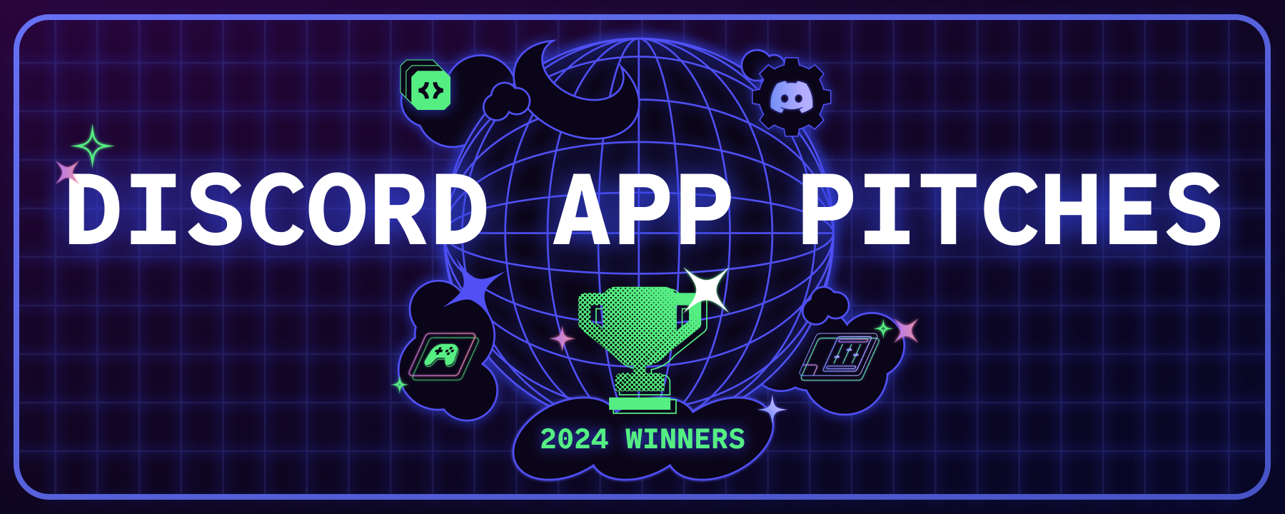 The phrase “Discord App Pitches 2024 Winners” in front of a wireframe representation of a planet. Icons representing app development, gaming, trophies, and Discord itself surround the planet.