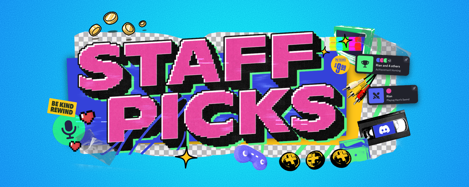 A stylized header that says “Staff Picks.” Icons and imagery of gamepads, microphone icons, VHS tapes, and in-app Activity statuses. 