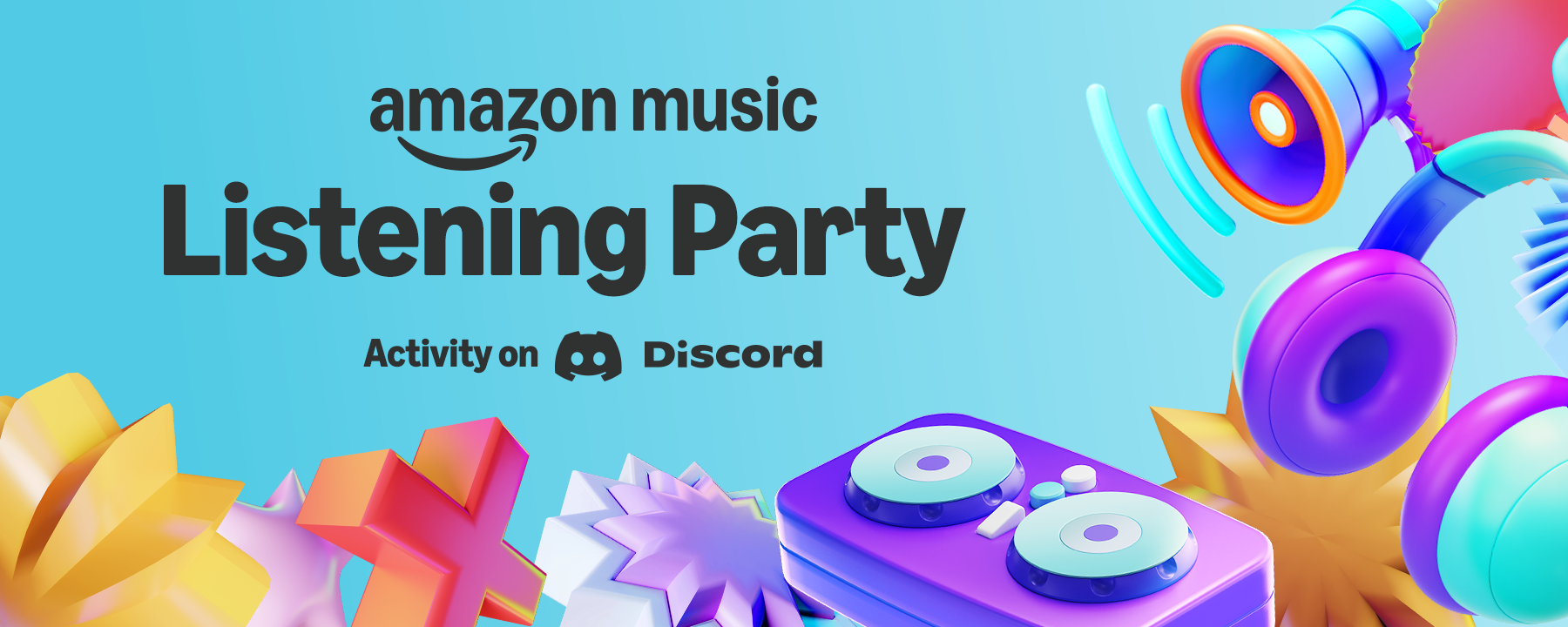 Playful, bubbly depictions of headphones, megaphones, turntables and other items representing music surround a message that says: “Amazon Music Listening Party Activity on Discord.”