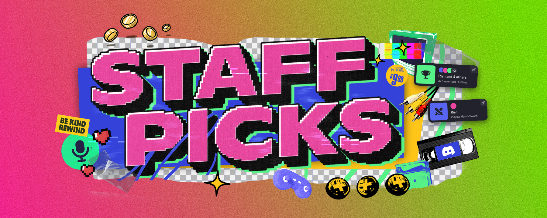 A stylized header that says “Staff Picks.” Icons and imagery of gamepads, microphone icons, VHS tapes, and in-app Activity statuses.