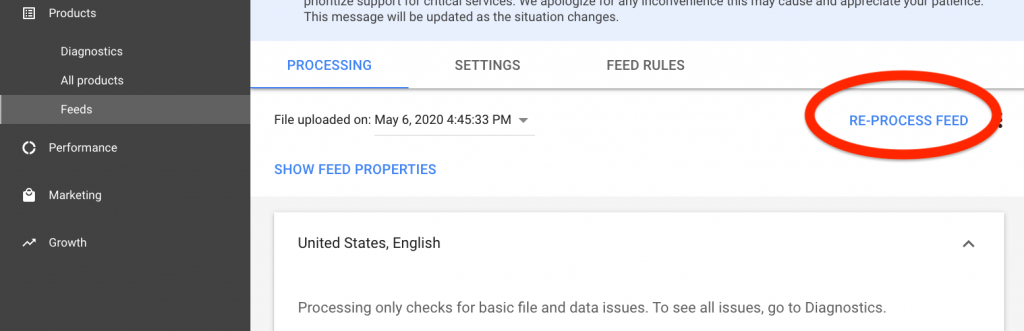 google merchant center re-process feed