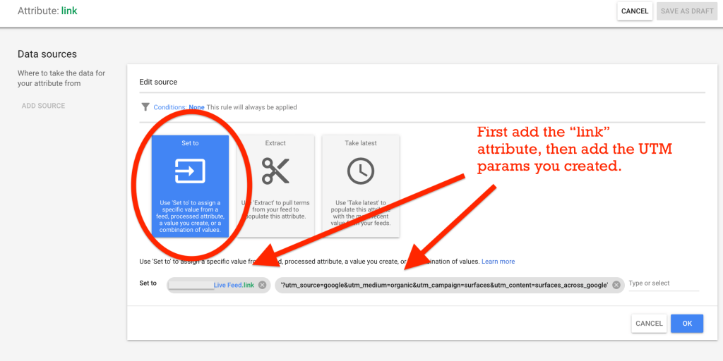google merchant center feed rules for link attribute