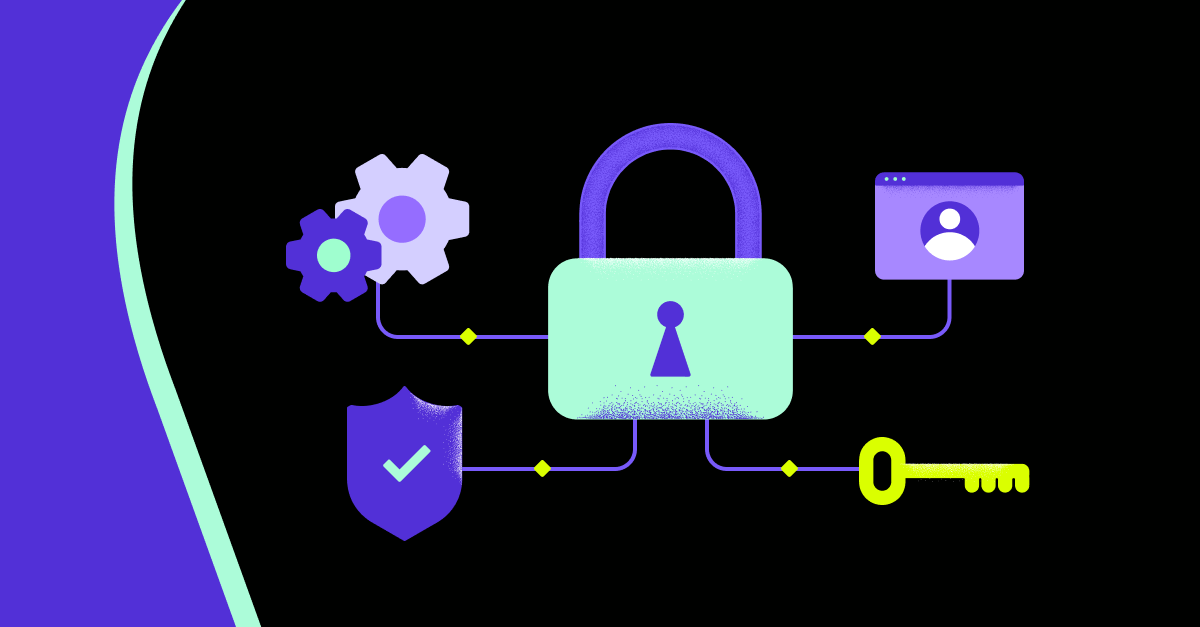 A black and purple background with a padlock and gears.