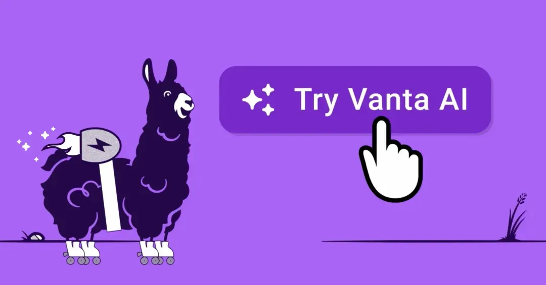 a purple background with a llama in the foreground with a rocket strapped to its back and a button to try Vanta AI