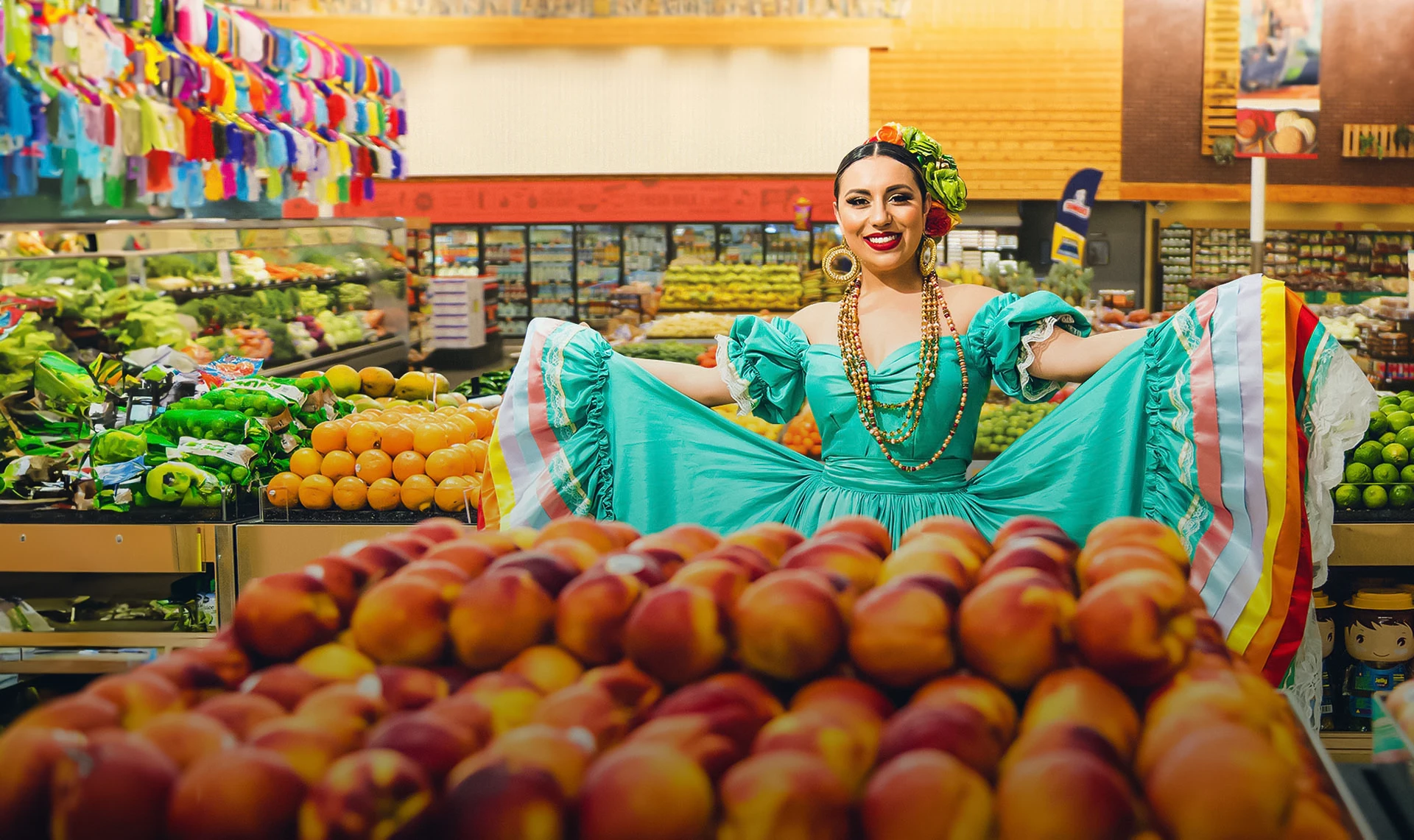 A woman wearing a traditional Mexican dress in a grocery store.