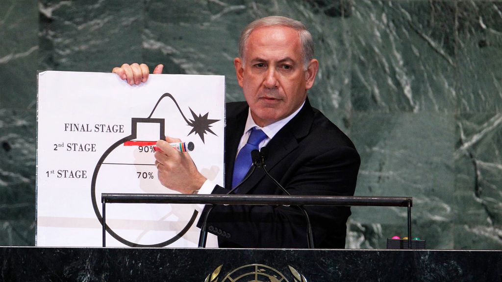 Premier Netanyahu 2012 vor der Uno-Generalversammlung: Comic-Bombe und roter Edding