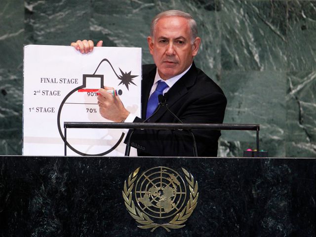 Premier Netanyahu 2012 vor der Uno-Generalversammlung: Comic-Bombe und roter Edding