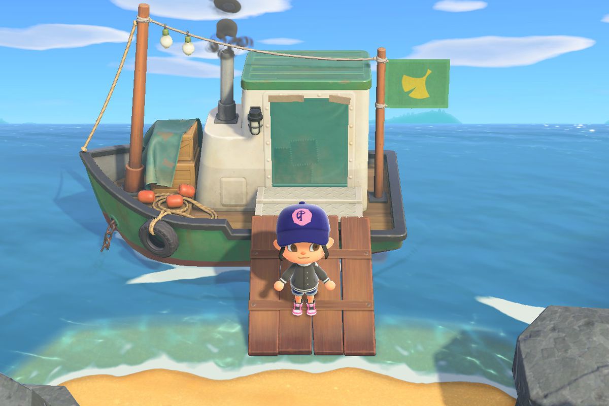 An Animal Crossing character stands on Redd’s boat
