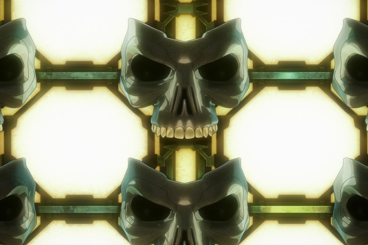 An assembly line of metal, skull-like faceplates on an illuminated background in Terminator Zero. 