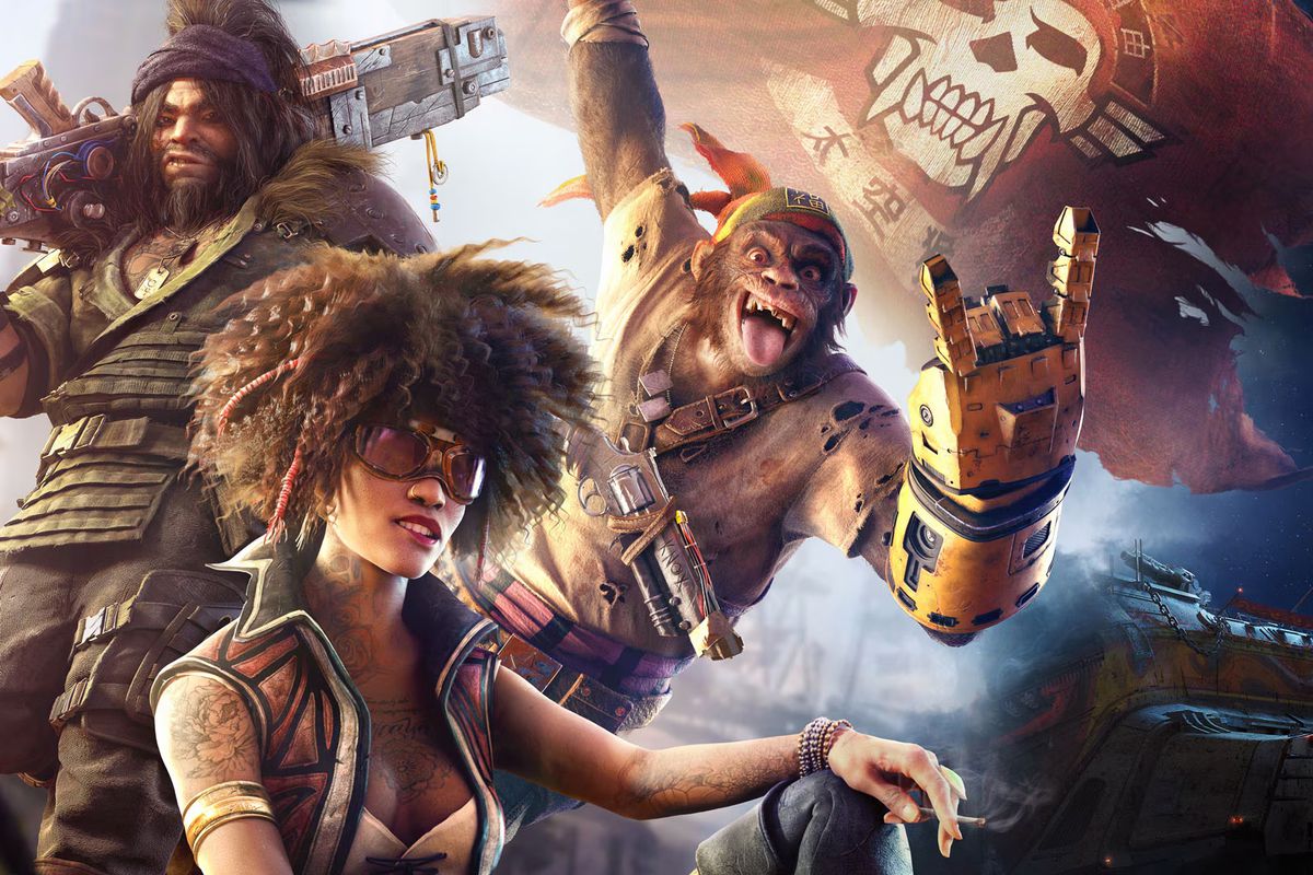 Artwork of the space pirates of Beyond Good and Evil 2, featuring characters Knox and Yashaan next to their pirate flag with the spacecraft The Gada in the background