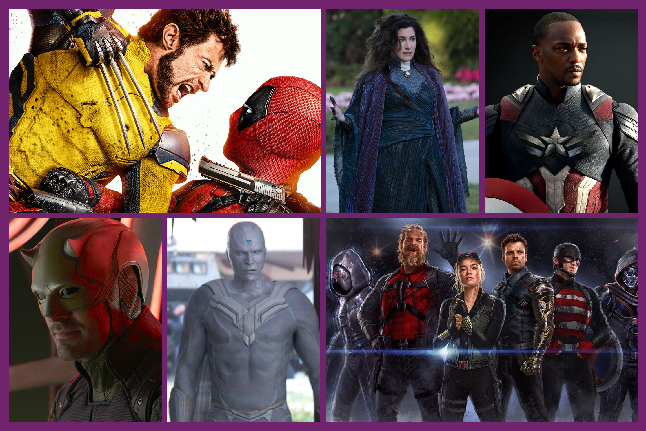Photos, stills, and artwork from upcoming Marvel Studios movies and TV shows, including Deadpool &amp; Wolverine, Agatha All Along, Captain America: Brave New World, Daredevil: Born Again, Vision Quest, and Thunderbolts*.