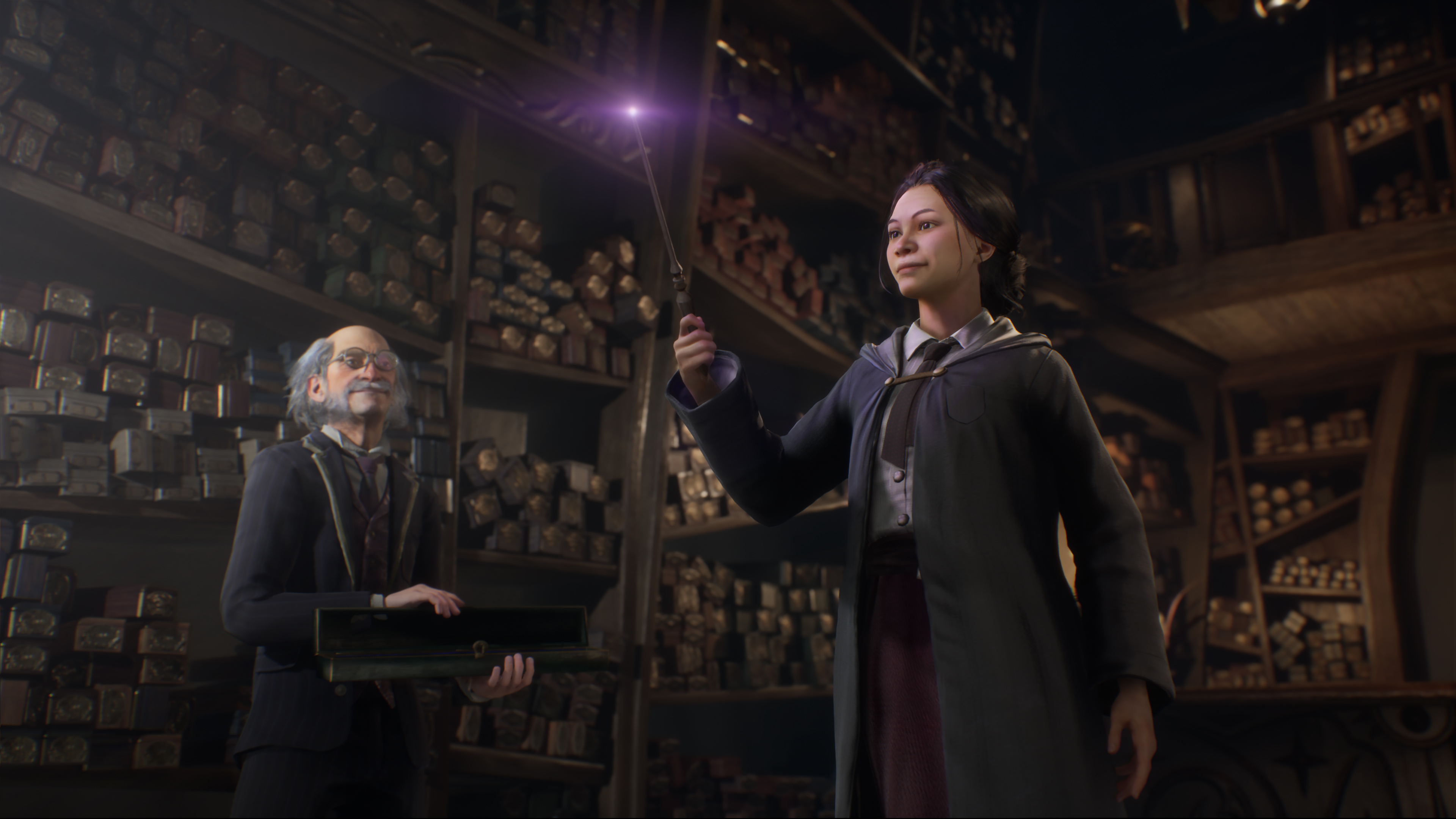 a Hogwarts student holds a wand in a wand shop as an elderly man looks on in Hogwarts Legacy