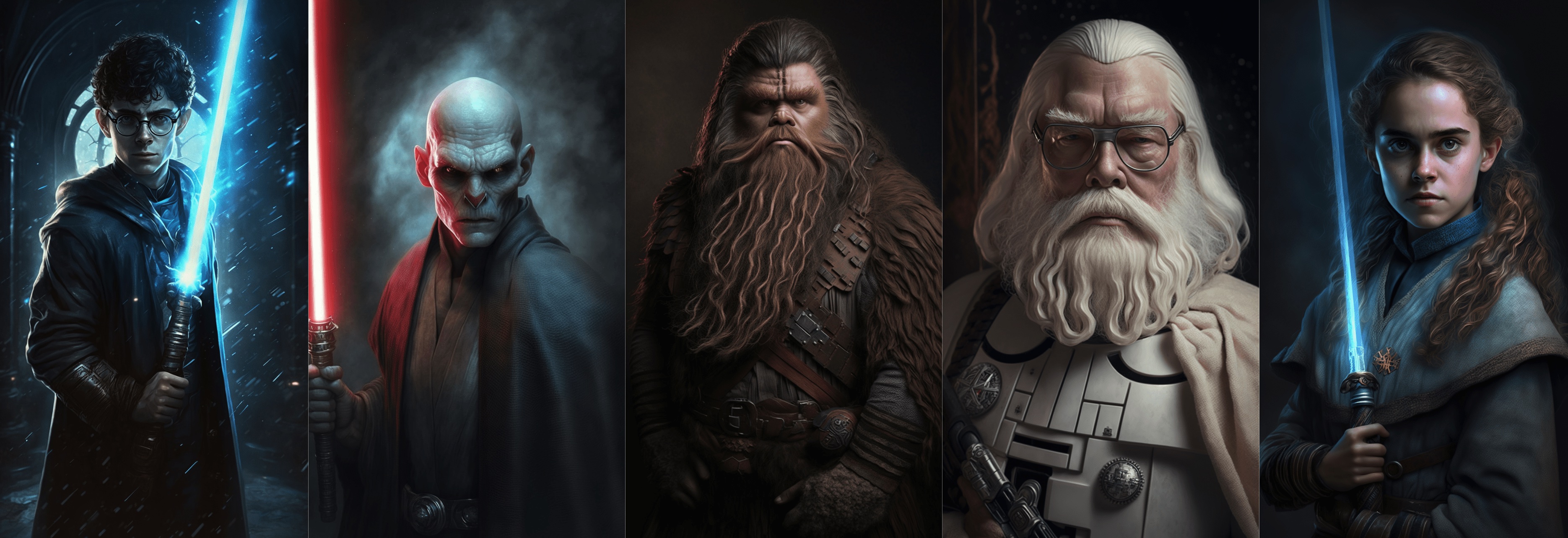 A series of AI-generated images for the Harry Potter Reimagined AI competition shows Harry Potter characters as they might appear in Star Wars, with Harry Potter holding a blue lightsaber, Voldemort holding a red one, a mashup of Hagrid and Chewbacca, a Jedi Knight version of Dumbledore, and a young Jedi version of Hermione.