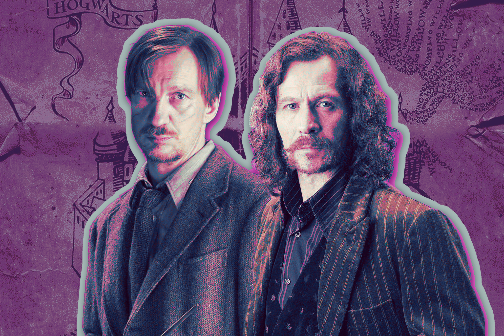 Remus Lupin and Sirius Black stand next to each other in front of a purple backdrop, with the Maurader’s map print.