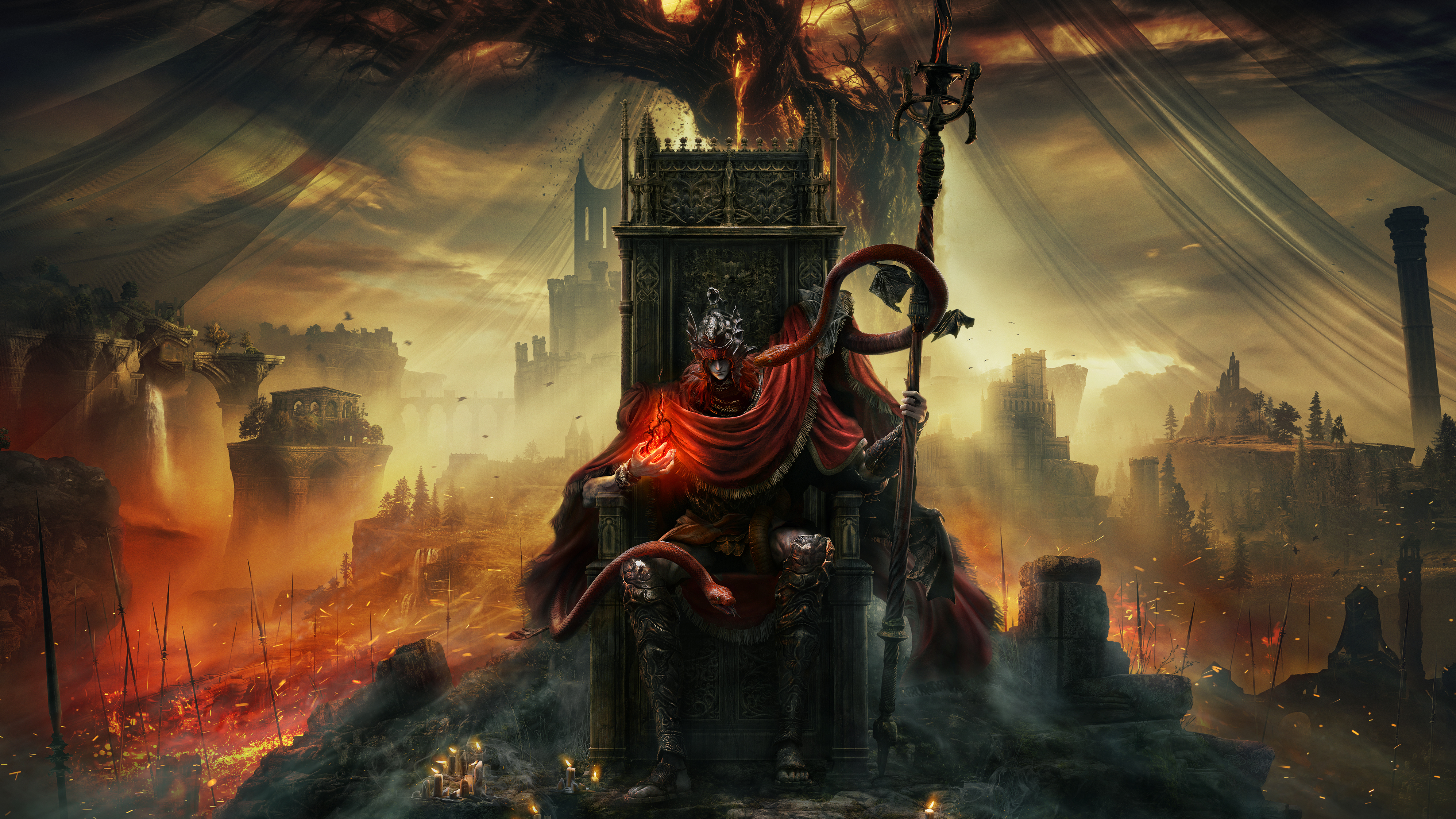 Messmer sits on a throne in front of a giant tree in key art for Elden Ring DLC Shadow of the Erdtree guides and walkthroughs.