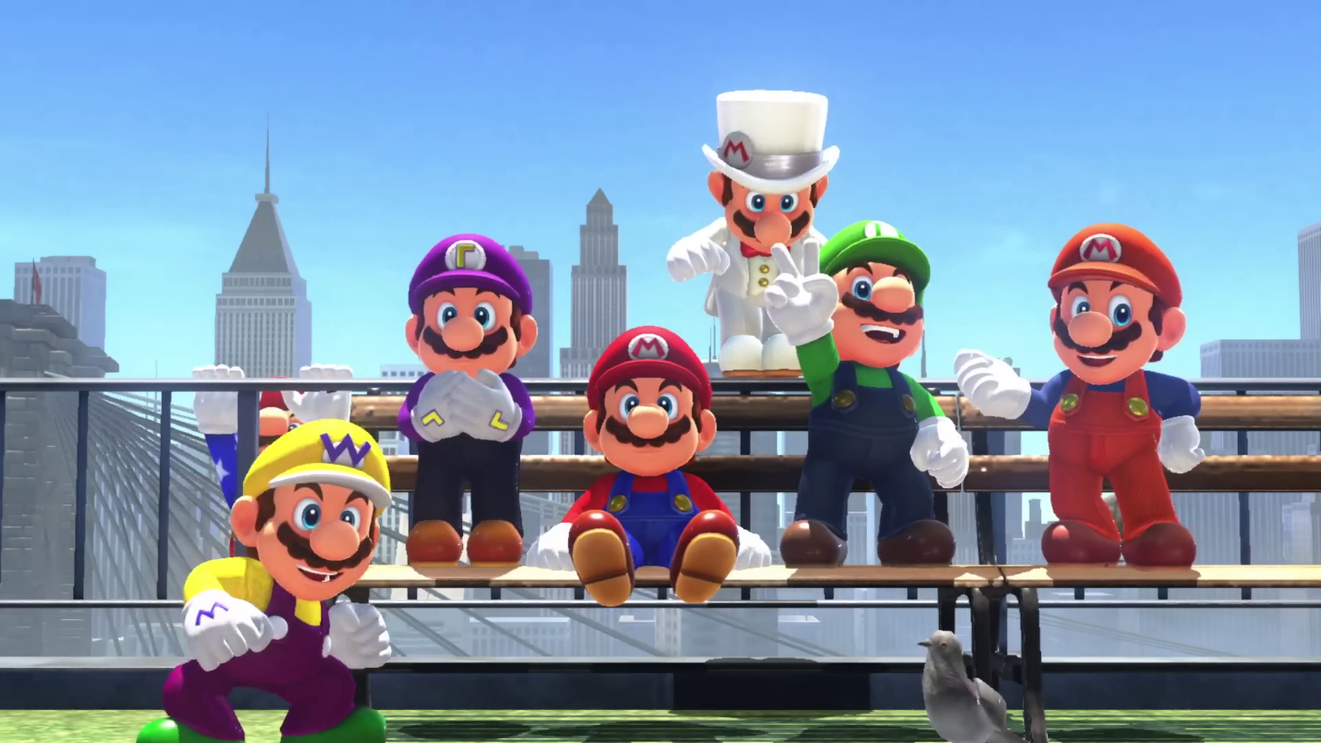 An image of a bunch of Mario in Super Mario Odyssey sitting and standing on a bench. They each have a different outfit. 