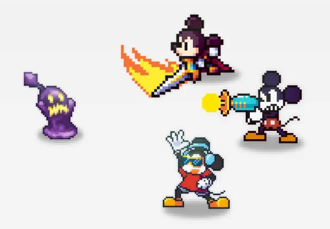 Three different pixel-art versions of Mickey Mouse, drawn in different styles, face off against a purple enemy. One wields a sword, one a ray gun, and one dances with headphones on