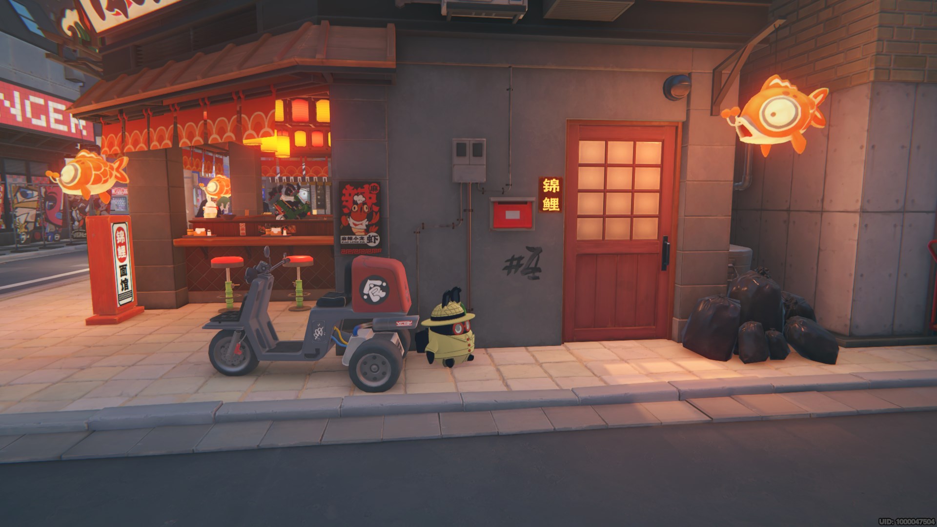 An Exploreboo sits behind a moped near the ramen shop in Zenless Zone Zero