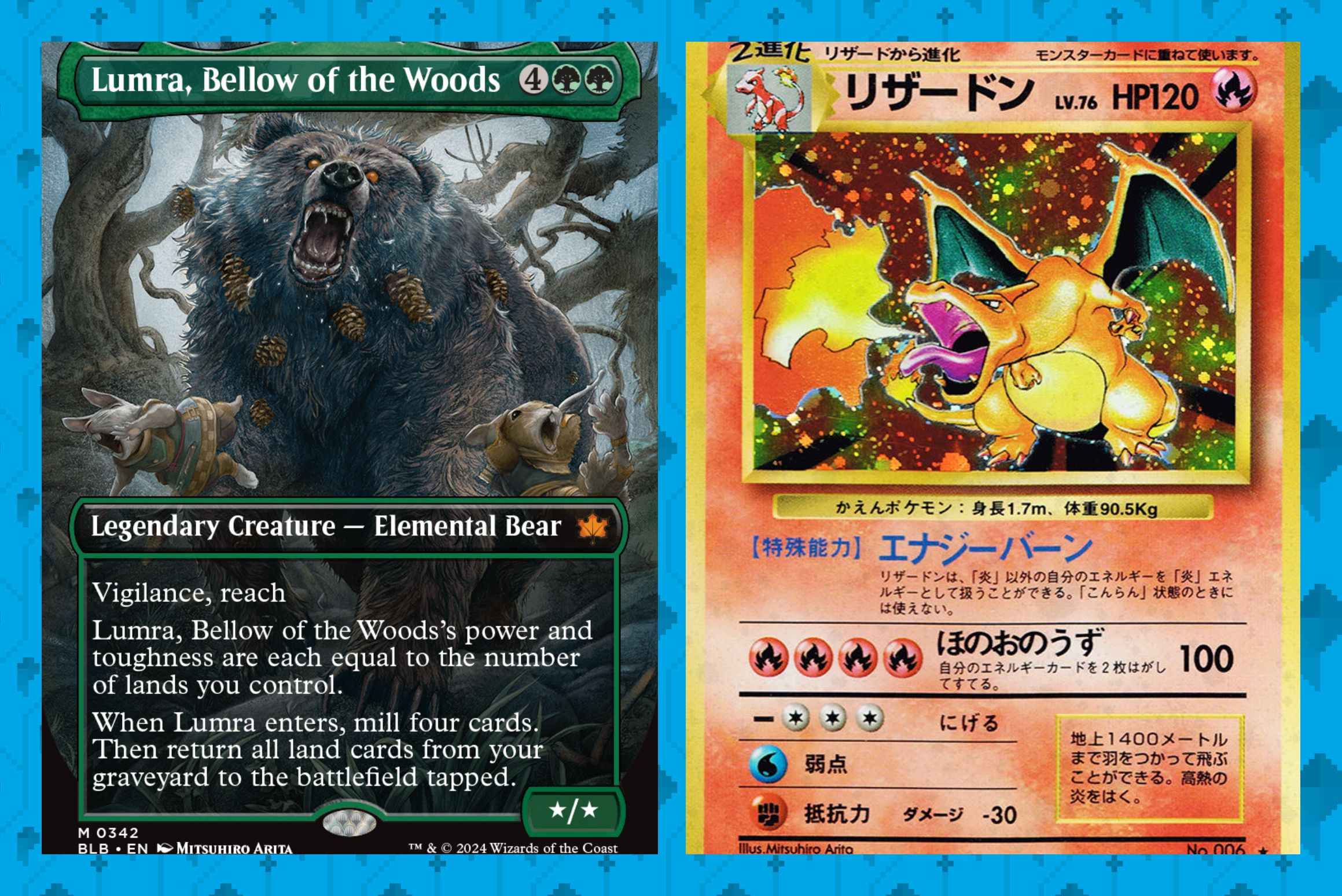 A graphic shows the card art for two cards, each with art drawn by Mitsuhiro Arita. The left shows a rampaging bear in Magic: The Gathering and the right shows Charizard from a retro set of Pokemon cards.