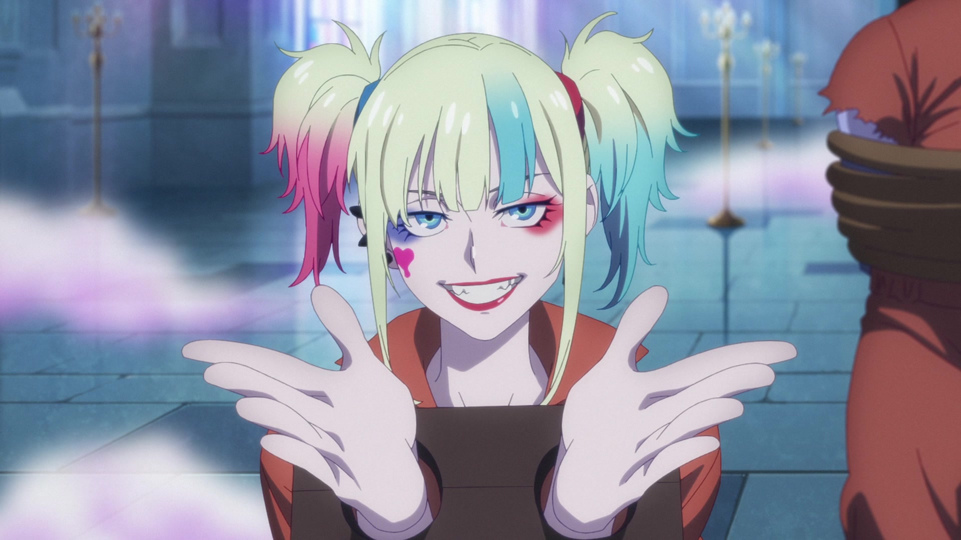 An anime Harley Quinn with pink and blue highlights holding her handcuffed hands forward and smiling in Suicide Squad Isekai.