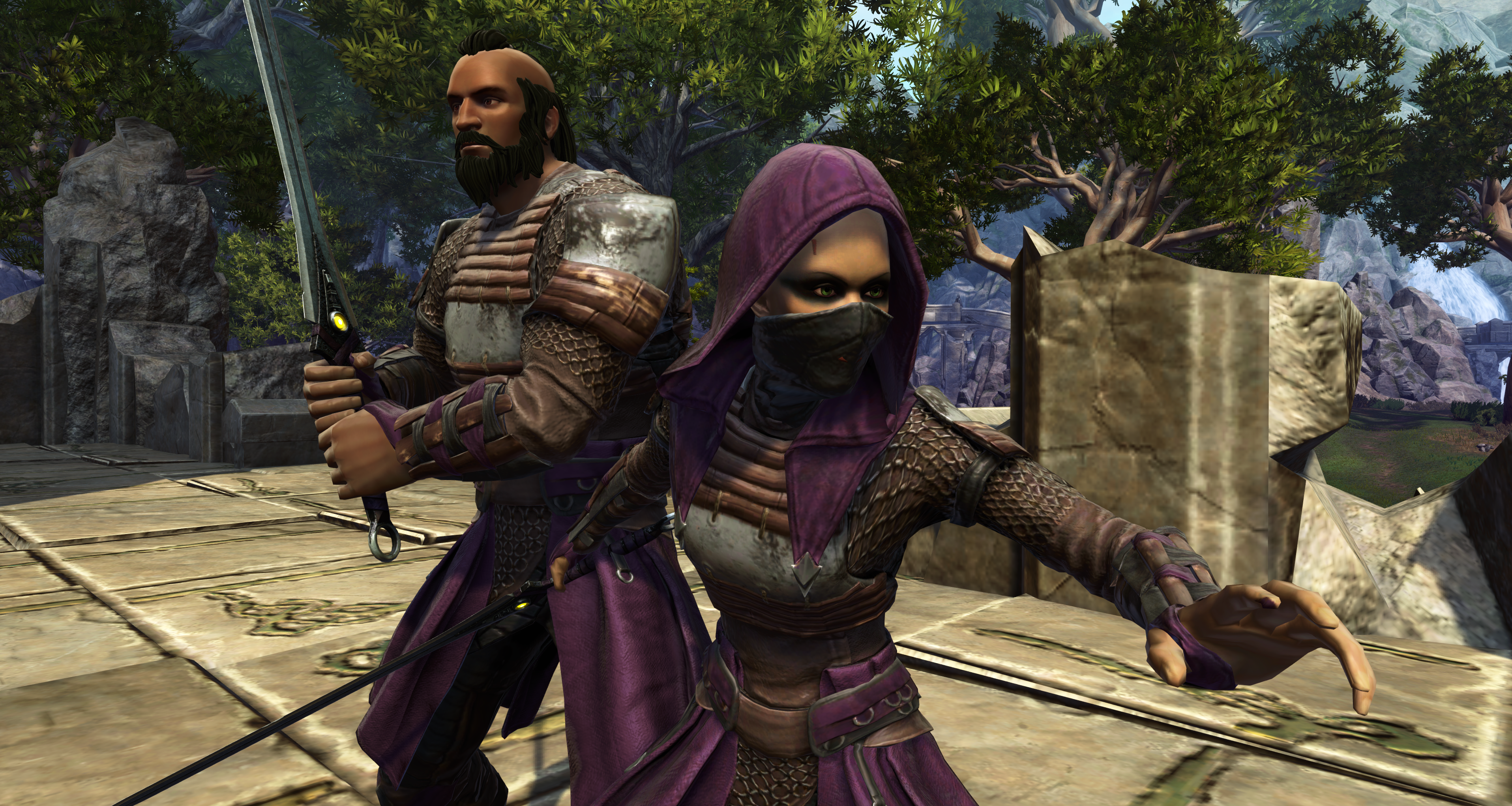 Characters in Star Wars: The Old Republic MMO, dressed in outfits from the DIsney Plus show The Acolyte