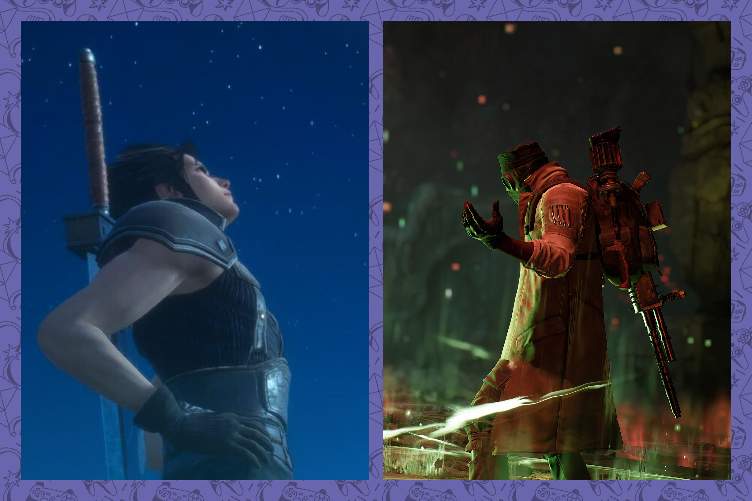 a graphic showing two screenshots. the one on the left shows Zack Fair in Crisis Core: Final Fantasy 7 and the one on the right shows a character from the Remnant 2 in a hellish landscape. 