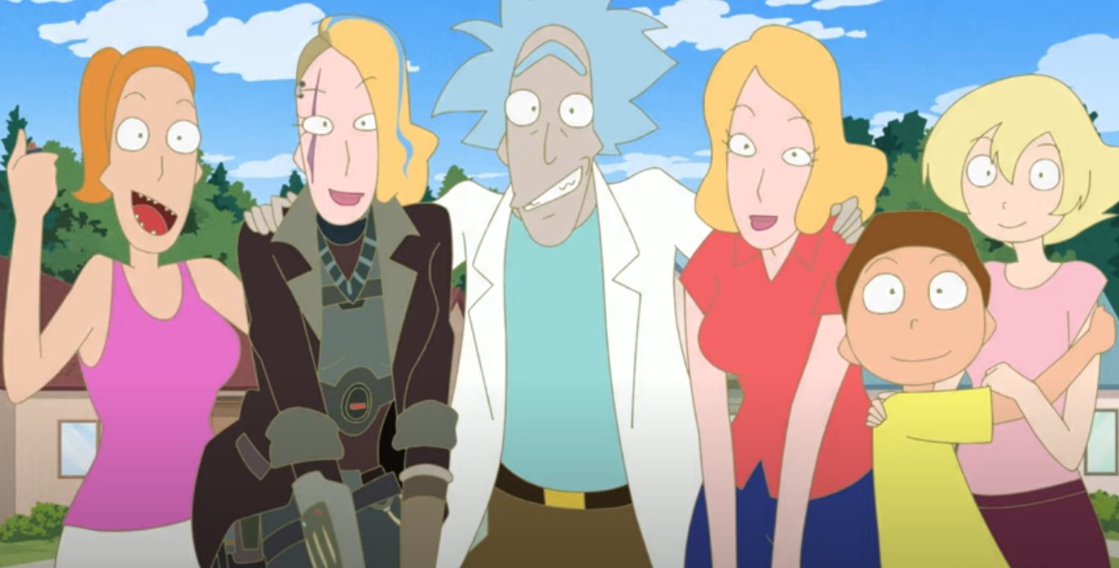 Six animated characters smiling and posing side by side for a photo in Rick and Morty: The Anime.