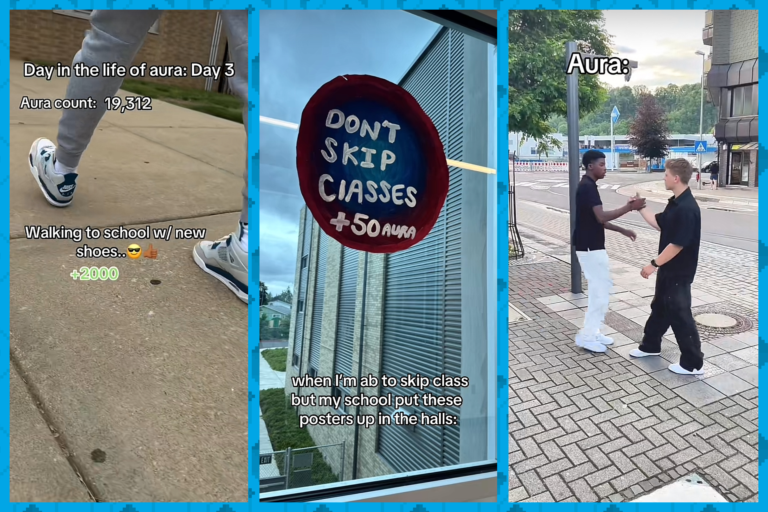 A graphic that arranges three images lined up in a row. Each is a screenshot from a video on TikTok. The one on the far left has a screenshot of a person walking to school in new shoes. Text on the image says: “Walking to school w/ new shoes... +2000.” The image in the middle shows a piece of art that says: “Don’t skip classes, +50 aura.” The image on the right shows two friends meeting and the text says: “aura.”