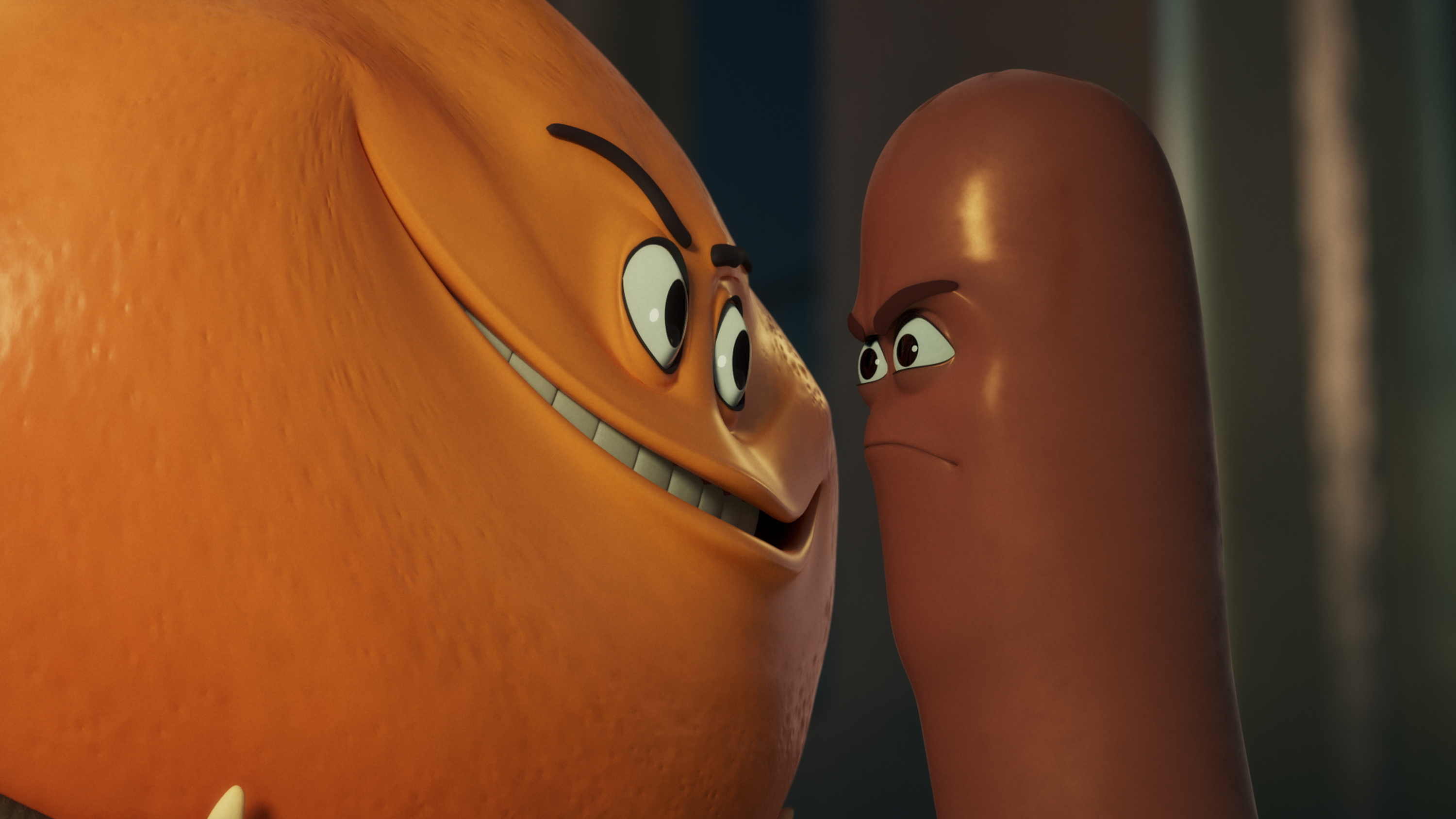 A big orange with an evil grin faces off against talking hot dog Frank in Prime Video’s animated miniseries Sausage Party: Foodtopia