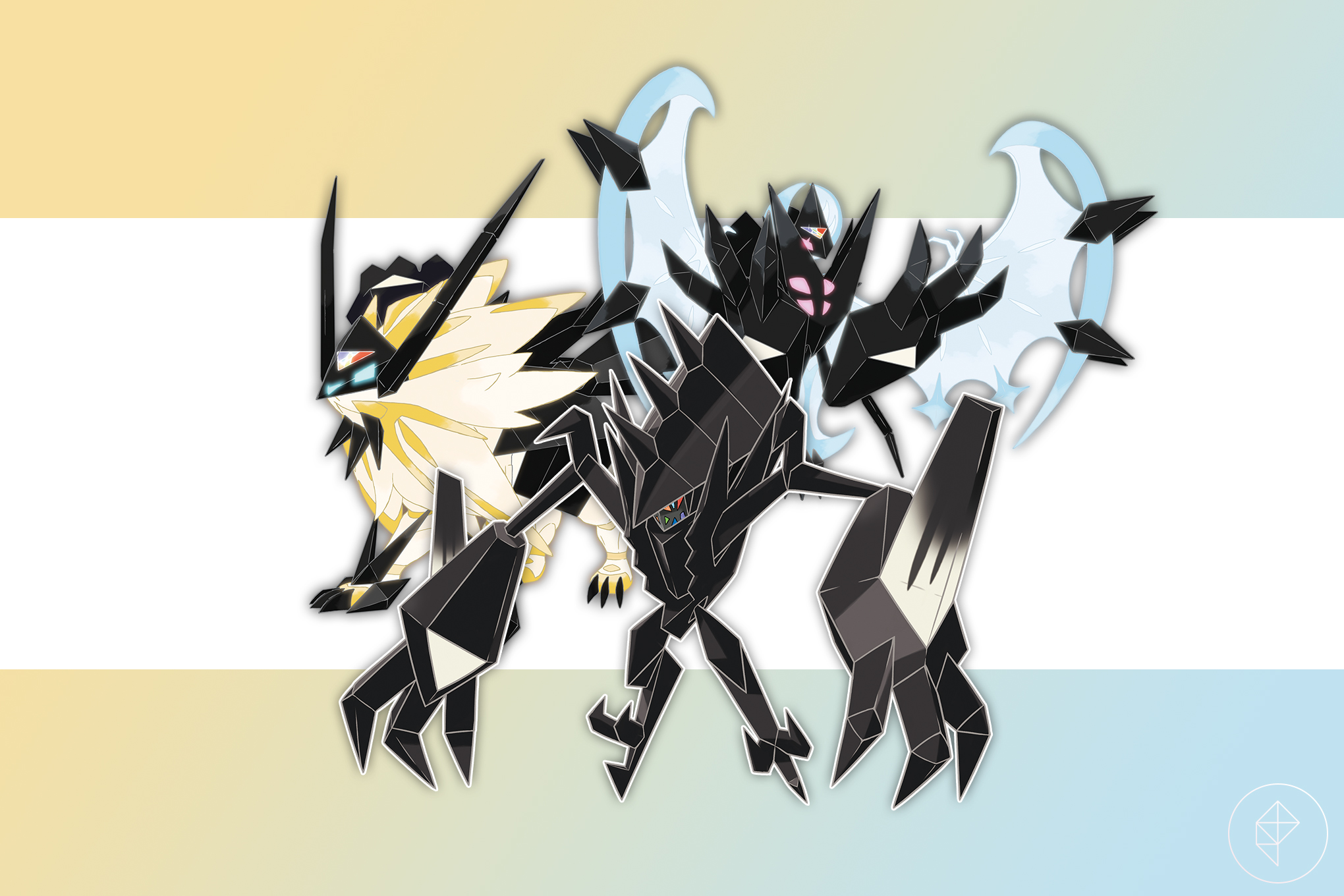 Necrozma and its different forms on a gold and blue gradient