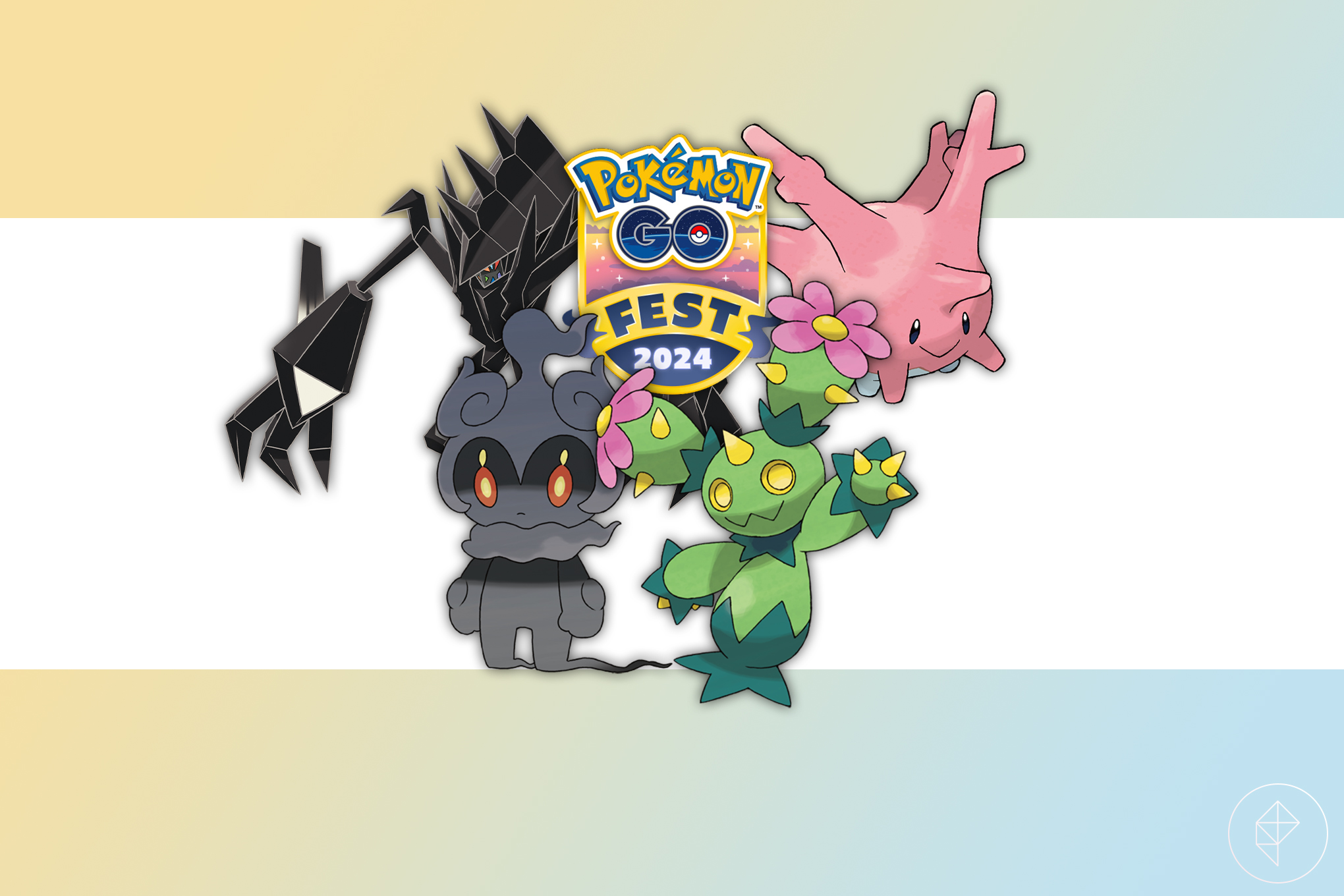 Necrozma, Marshadow, Corsola, and Maractus on a gold and blue gradient background