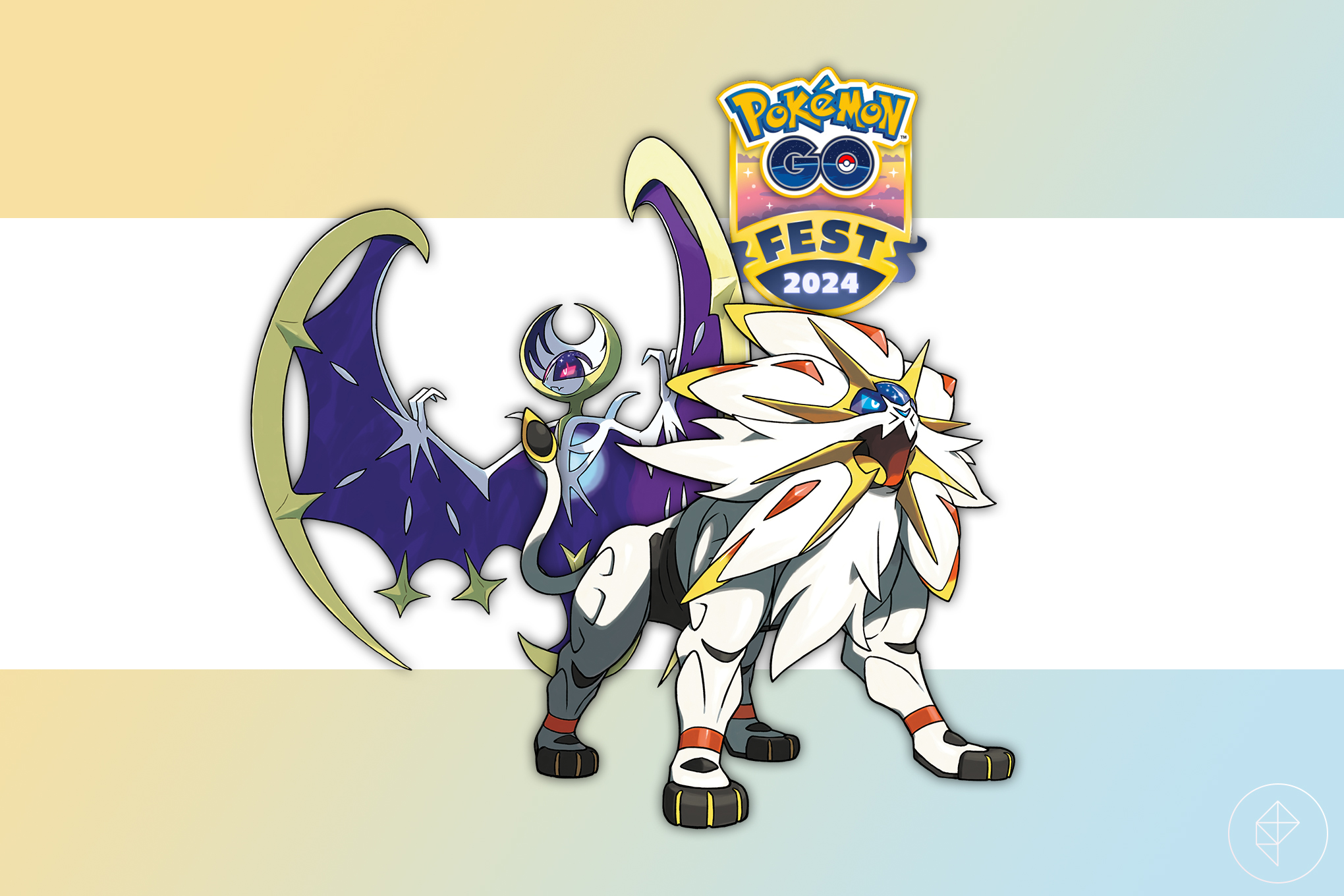 Solgaleo and Lunala in front of the Pokémon Go Fest logo